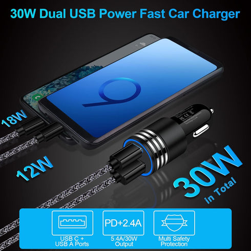 30W USB C Car Charger, Fast Charging Type C Car Adapter, 5Pack Dual Port USB-C PD 3.0 and 2.4a USB Cigarette Lighter Plug for iPhone 15 14 13 12 1...