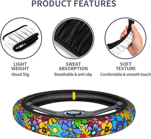 Hippie Flower Steering Wheel Cover Car Accessories Cute for Women Girls Girly Universal 15 Inch Neoprene Auto Interior Decor Anti Slip Car Truck P...
