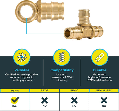 SharkBite 1/2 Inch Expansion Tee for PEX-A Pipe, Brass Plumbing Fittings for PEX-A Tubing, UAB362LFA...