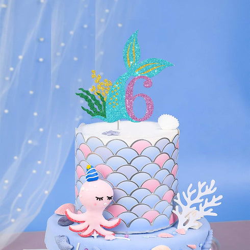 Mermaid Six Cake Topper, Happy 6th Birthday Cake Decor, I'm Six Sign, Little Mermaid Birthday Party Decoration Supplies, Daughter of the Sea, Unde...