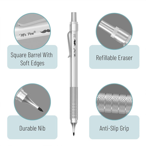 Mr. Pen- Metal Mechanical Pencil Set, 5 Sizes, 0.3, 0.5, 0.7, 0.9, 2mm, Mechanical Pencils, Sketching Pencils, Drafting Pencil, Mechanical Pencil ...