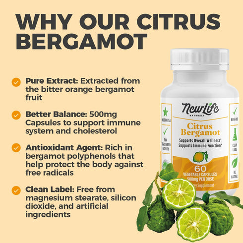 NewLife Naturals Citrus Bergamot Supplements 500 MG - Heart Health - Supplement for Wellness and Aging Support - Pure Extract Formula - 60 Veggie ...