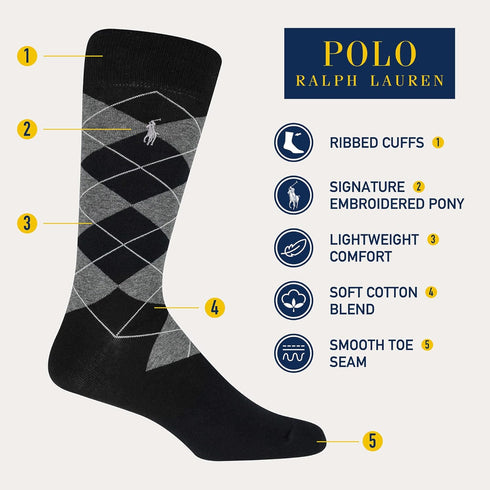 Polo Ralph Lauren Men's Assorted Pattern Dress Crew Socks-4 Pair Pack-Soft and Lightweight Cotton Comfort...