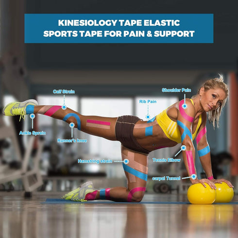 Kinesiology Tape (4 Pack) Athletic Tape 16.4ft Water Resistant Kinetic Uncut Sports Tape for Knees, Ankles, Shoulder, Pain Relief, Injury Recovery...