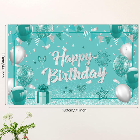 Teal and Silver Birthday Banner - Turquoise Green Party Decorations, Mint Blue Backdrop for Girls Boys Baby Shower, Glitter Party Supplies 71 x 44...