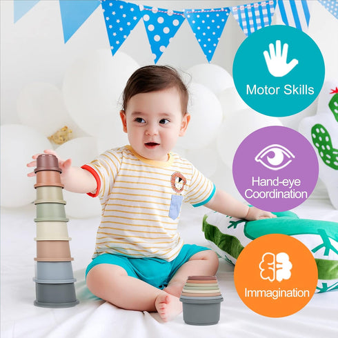 Stacking Cups Toy for Baby 6-12 Months, 8PCS Nesting Cups Set for Toddler 1-3, Kids Bathing and Counting Stackable Toy for Early Educational Learn...