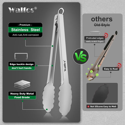 Walfos All Metal Kitchen Tongs for Cooking, BBQ Grilling, 600? Heat Resistant Stainless Steel Tongs - Heavy Duty 7 ?9 and 12 Inch Locking Tongs Se...