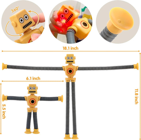 Sensory Fidget Robot Toys LED Light Up for Kid Toddlers, Suction Cup Poseable Action Figures Robot Telescopic Pop Tubes ADHD Autism Travel Toys Pi...