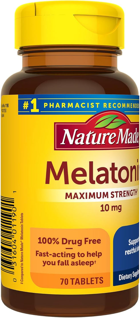 Nature Made Melatonin 10mg Maximum Strength Tablets, 100% Drug Free Sleep Aid for Adults, 70 Count, 70 Day Supply...