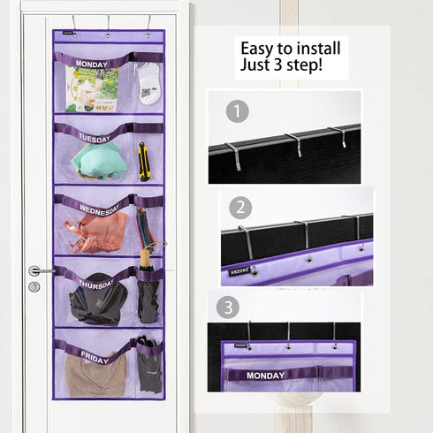 Weekly Kids Clothes Organizer Day of Week School Clothing Storage Monday to Friday Hanging Closet Organizer (PURPLE)...