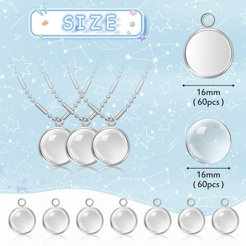 120 Pieces Stainless Steel Pendant Tray Kit Including 60 Pieces Round Frame Tray Blank Pendant Bases and 60 Pieces Clear Glass Cabochons for DIY J...
