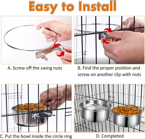 Dog Kennel Food and Water Bowls, 2 Pack Hanging Metal Dog Bowls No Spill, Stainless Steel Dog Dish for Small & Medium Dogs (6.3 * 2.6” & 5.5 * 2.4...