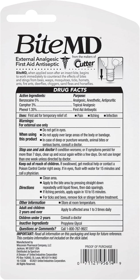 Cutter BiteMD Insect Bite Relief Stick, Analgesic And Antiseptic 0.5 Fl Oz (Pack of 1)...