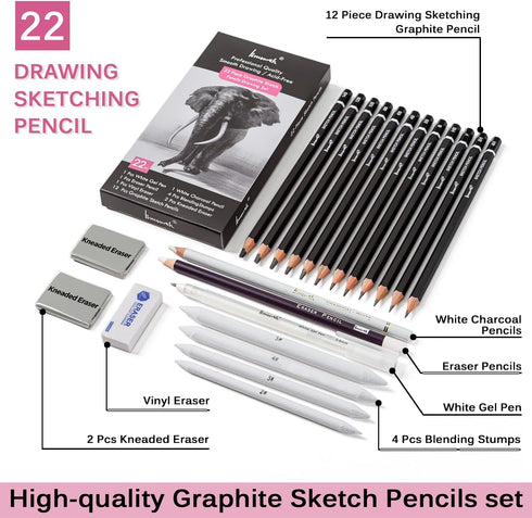 Drawing Sketching Pencil Set - 22 Piece Graphite Pencils, White Gel Pen, White Charcoal Pencils, Eraser Pencils, Erasers, Blending Stumps for Draw...