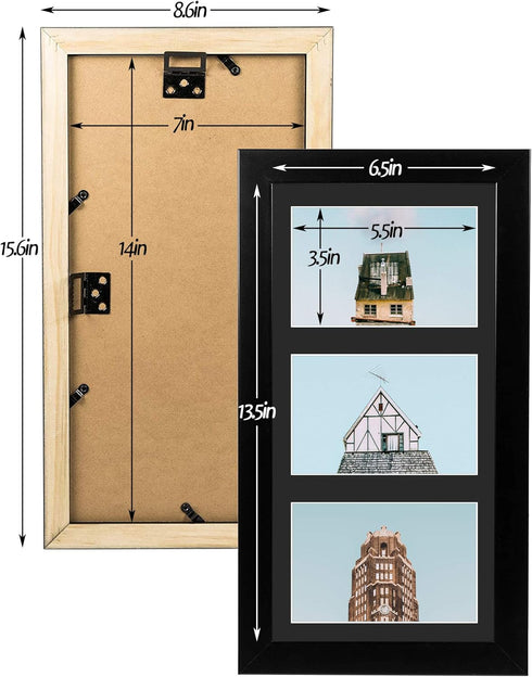 Golden State Art 7x14 Wood Frame for Three 4x6 Picture - Black with 3-Opening Black Mat Color - Portrait or Landscape Wall Mounting - Sturdy and E...