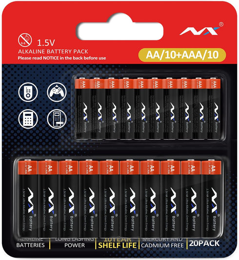 AA & AAA Battery 20 Count Combo Pack Super Alkaline Batteries, High-Performance Ultra Long-Lasting Alkaline - 10 Double AA Batteries and 10 Triple...