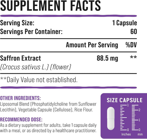 Liposomal Saffron Supplements - 100% Pure Saffron Extract 88.5 mg, Better Bioavailability - 60 Veggie Capsules, Made in USA...