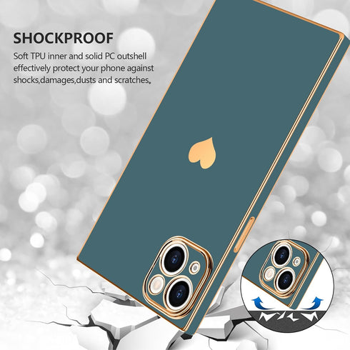 Compatible with iPhone 13 Case Square Luxury Plating Gold for Women Girls Cute Love Heart Pattern Shockproof Raised Full Camera Lens Protection Co...