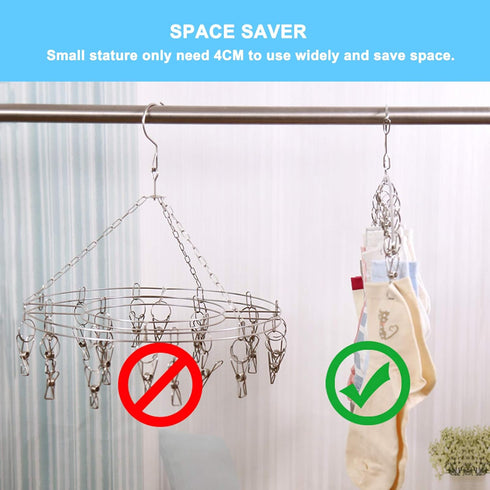Clothes Hanger with 10 Clips Laundry Drying Rack 6 Pack, Clothes Drying Rack Stainless Steel Sock Hangers Windproof Clip and Drip Hanger for Dryin...