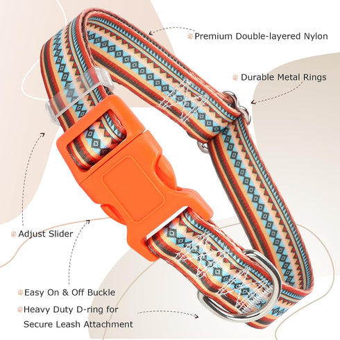 Orange Dog Collar for Large Dogs, Cute boy Girl Dog Collar with Tribal Ethnic Aztec Patterns,Adjustable Comfy Soft Dog Collar Pet Cat Collar for X...