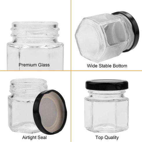 Encheng 1.5 oz Clear Hexagon Jars,Small Glass Jars With Lids(black),Mason Jars For Herbs,Foods,Jams,Liquid,Mini Spice Jars For Storage 30 Pack...