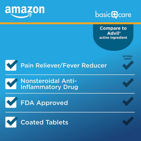 Amazon Basic Care Ibuprofen Tablets, 200 mg, Pain Reliever and Fever Reducer, For Headache, Muscular Aches, Arthritis, Backache and More, 100 Coun...