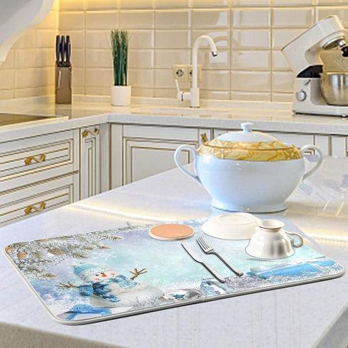 Kcldeci Merry Christmas Dish Drying Mat 18x24 inch Dish Mat Snowman Winter Xmas Dsih Drying Pad Dish Drainer Mat Protector for Kitchen Countertops...
