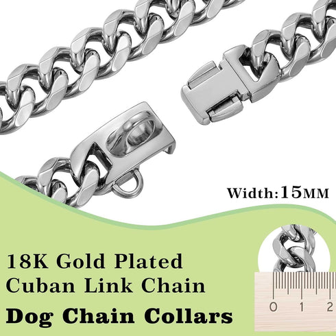 Stainless Steel Silver Gold Dog Collars with Safety Buckle Lock,18K Cuban Link Chain Training Collar,15MM Strong Dog Necklace Heavy Duty Chew Proo...
