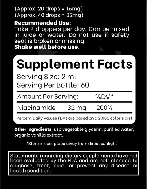 Liquid Vitamin B3 (as Niacinamide) Supplement - Non Flush Form of Niacin - Convenient Niacin Drops for Women and Men - 4 oz (120ml)...