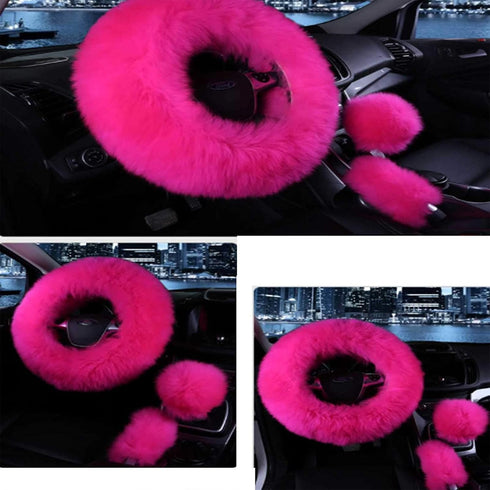 3 Pcs Car Steering Wheel Cover & Handbrake Cover & Gear Shift Cover Set Faux Wool Warm Winter (Rose Red)...