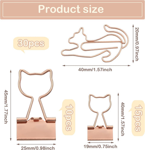 55 Pieces Metal Rose Gold Binder Clips 2 Size 25 Pcs Cute Cat Shaped Binder Clips and 30 Pcs Cat Paper Clips Paper Bookmark Animal Clips Office Su...