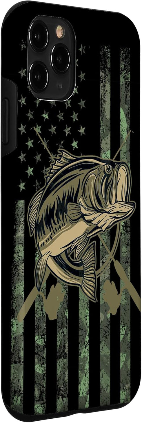 Camo American Flag Bass Fishing Gift Love Fishing Fisherman Case for iPhone 11 Pro...