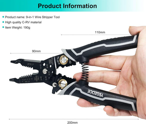 9-in-1 Wire Stripper Tool, 8inch Wire Strippers electrical, Multifunctional Electrician Pliers Flush Wire Cutters Safety Wire Pliers for Electric ...