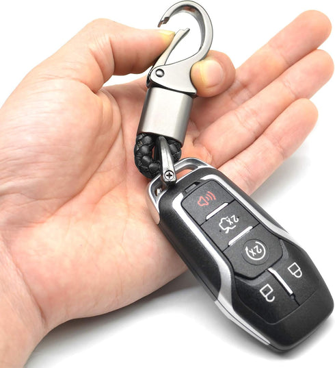 Car Key Fob Keychains Leather Holder Key Chain Sturdy Metal with D-Ring for Men and Women 2 Pack, Black, 360 Degree Rotatable, with Screwdriver...