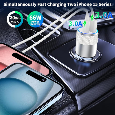 ?MFi Certified? iPhone 15 Car Charger Fast Charging, KYOHAYA 66W USB-C PD&QC Car Power Cigarette Lighter USB Charger with 2Pack Type-C Cable for i...