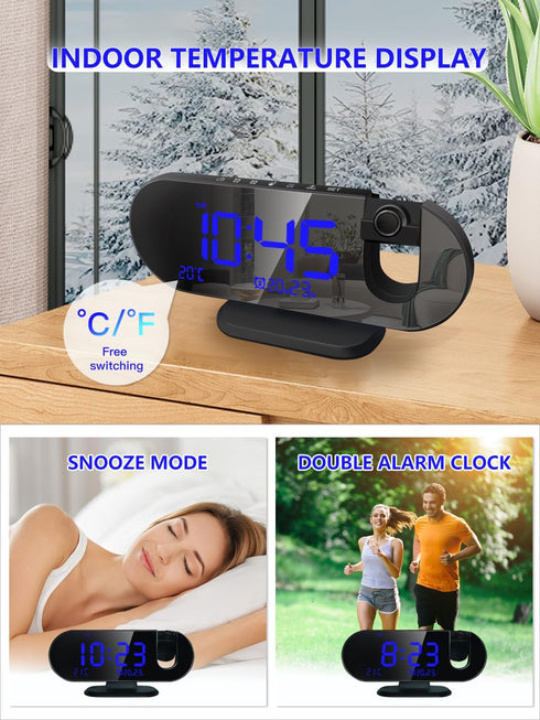 Projection Alarm Clock - 2024 New Projection Clock with 180° Rotatable Projector for Bedroom Ceiling - Clear LED Display, USB Charger Automatic Li...