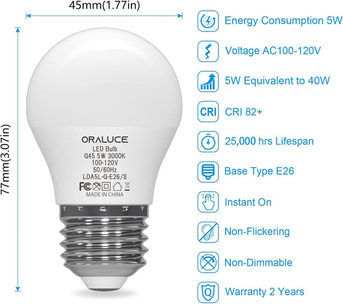 ORALUCE A15 LED Bulb 5 Watts Warm White 3000K,40W Equivalent Table Lamp Bulb, E26 Standard Screw Base G45 Shape Small Light Bulbs for House lighti...