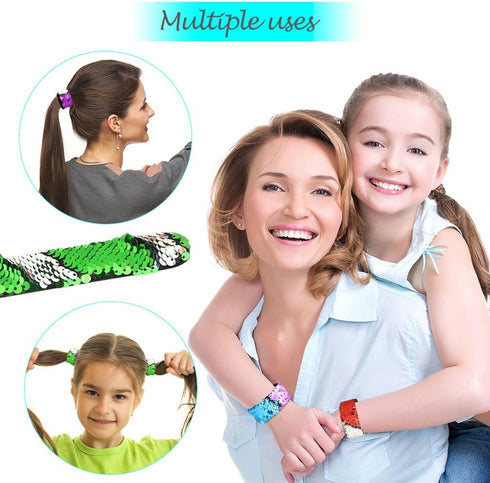 KUUQA 25 Pcs Magic Mermaid Sequin Bracelets Glitter Reversible Sequins Slap Bracelets Wristbands for Kids Little Mermaid Birthday Party Favors Sup...
