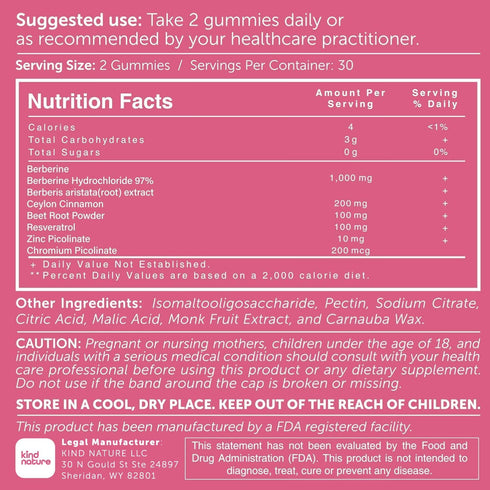 Kind Nature 1000mg Berberine Gummies - Sugar Free Natural Berberine Supplement Gummies with Ceylon Cinnamon & Beet Root - Non GMO, 3rd Party Teste...