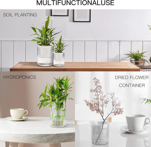 Self Watering Planter,Indoor Plants Pots for 4 Inch,2 Pack Clear White Plastic Flower Pot with Wick Rope,Home Modern Cylindrical Ribbed Decorative...