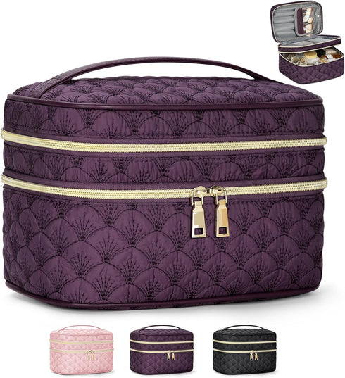IGOLUMON Travel Makeup Bag Double Layer Make Up Bag Portable Large Cosmetic Bag Wide-open Toiletry Bag for Women Roomy Cosmetic Case Pouch Multifu...