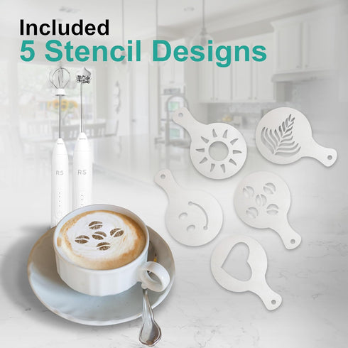 Real Simple Milk Frother and Whisk Set | USB Rechargeable Milk Frother with Stainless Steel Attachments and 5 Coffee Stencils | Perfect Handheld M...