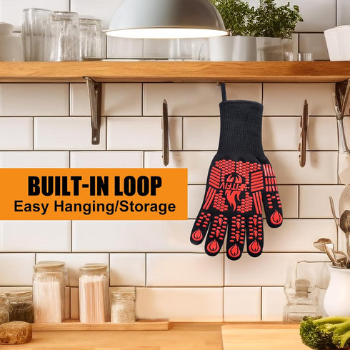 BBQ Gloves,1472°F Extreme Heat Resistant Barbecue Gloves,Silicone Non-Slip Oven Gloves,Kitchen Gloves for Cooking,Grilling,and Baking(Red)...