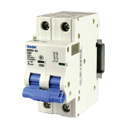 ASI AC Miniature Circuit Breaker - 2 Pole DIN Rail Mount 20 Amp 480 Volt Unit with Shock-Proof Terminations, Trip Curve C, L1, L2 and Neutral Sing...