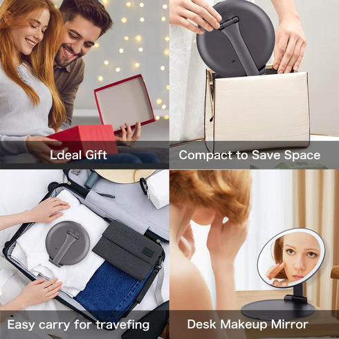MILEDUO Rechargeable Travel Makeup Mirror with Lights, 6.3 inch Foldable Compact Mirror 850mAh Battery, 3 Color Light Touch Screen for Travel and ...