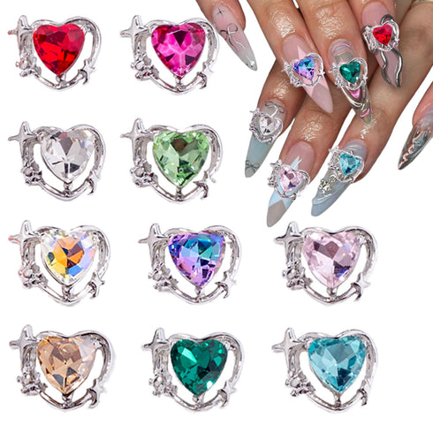 10Pcs Silver Heart Nail Art Charms Rhinestones for Nails Valentine's Day Decals 3D Luxury Love Crystal Nail Rhinestones Gems Love Crystals Diamond...