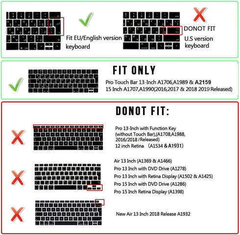 English Language Silicone Keyboard Cover for MacBook Pro 13 15 inch 2019 2018 2017 and 2016 with Touch Bar and Touch ID Model: A2159 A1989 A1706 /...