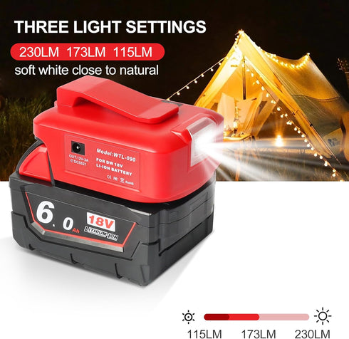 Multi-Functional Power Adapter Compatible with DEWALT and Milwaukee Batteries with Dual USB Ports and 12V DC Port Three-mode work light-Compatible...