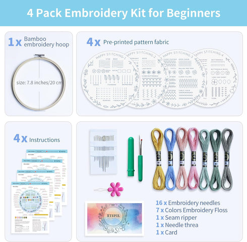 ETSPIL 4 Sets Embroidery Kit for Beginners ?Plant Kits for Adults Learn 33 Different Stitches?includes Stamped Pattern, Easy to Follow Instruction...