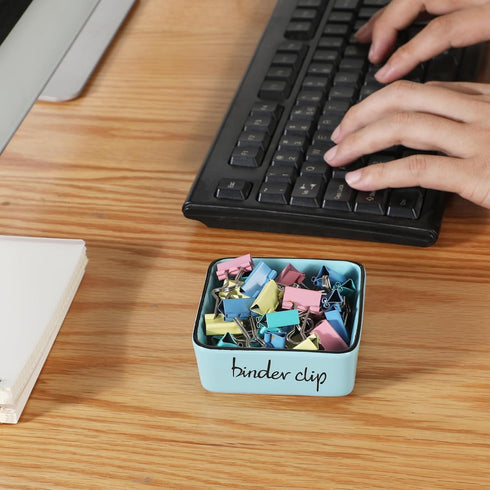 Farmhouse Square Paper Clip and Binder Clip Holders,Ceramic Binder Clip Dispenser Organizer for Desk, Cute Office Push Pins Holder, 3.3-Inch (Turq...